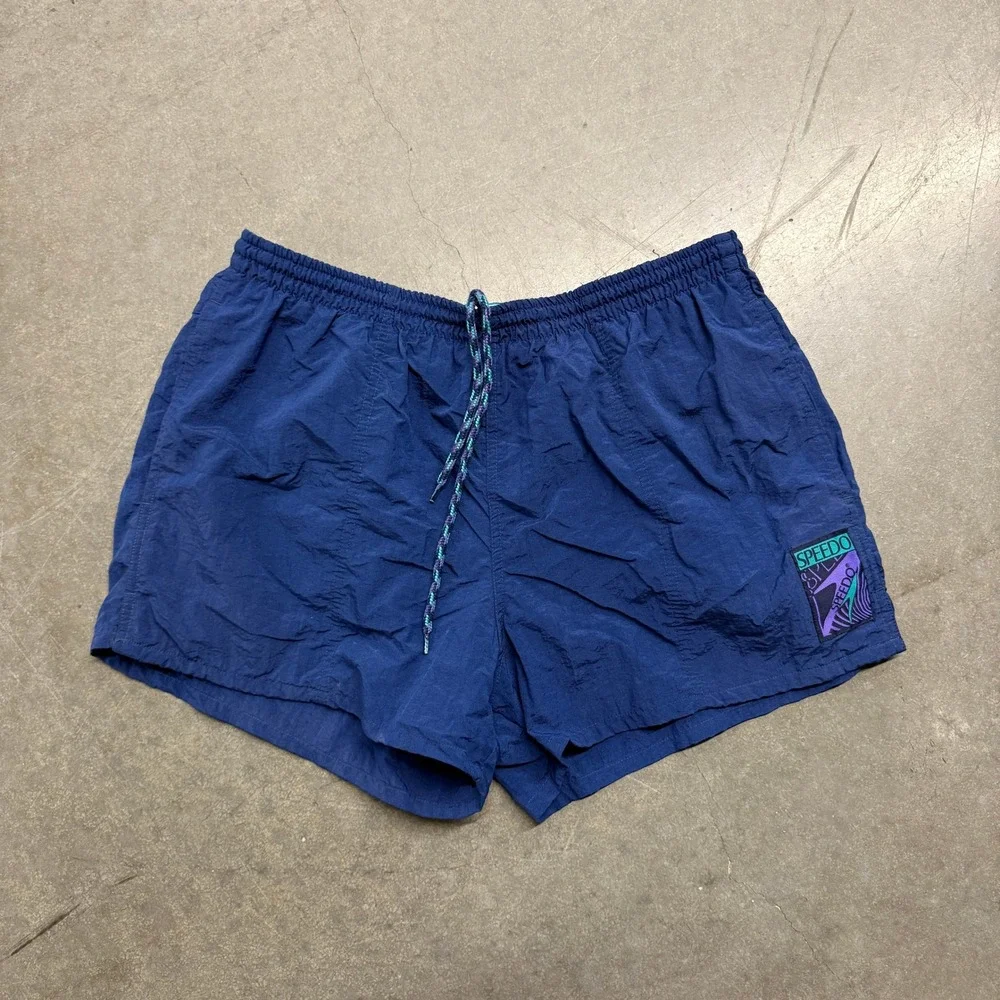 Vintage Speedo Mens Navy Blue Nylon Swim Trunks Shorts Large Mesh Lined 90s